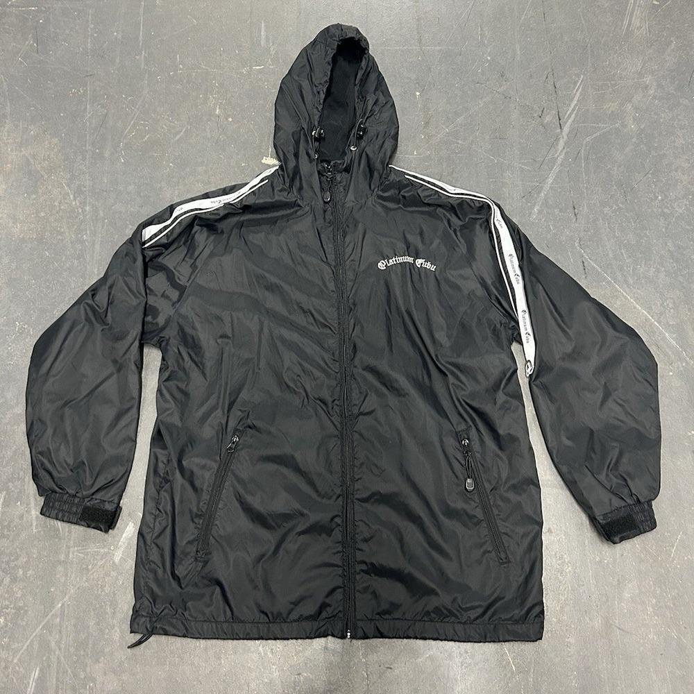 Platinum Fubu Windbreaker Jacket Black Mens Medium Hooded Logo Tape Streetwear